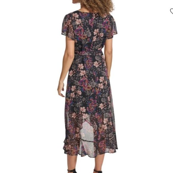 Kensie Floral Chiffon Wrap Dress | Size 14 | Black Multi - Picture 8 of 9